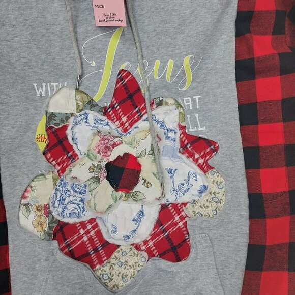 3287 Size XL/ 1X Upcycled Hoodie Sweat Shirt With Flannel Sleeves and Quilted - Picture 2 of 6